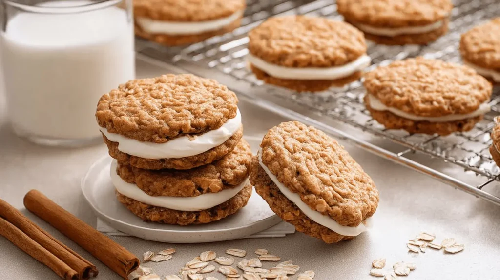 Delicious Homemade Oatmeal Cream Pies stacked on a plate with milk and cinnamon sticks, fresh from the oven.