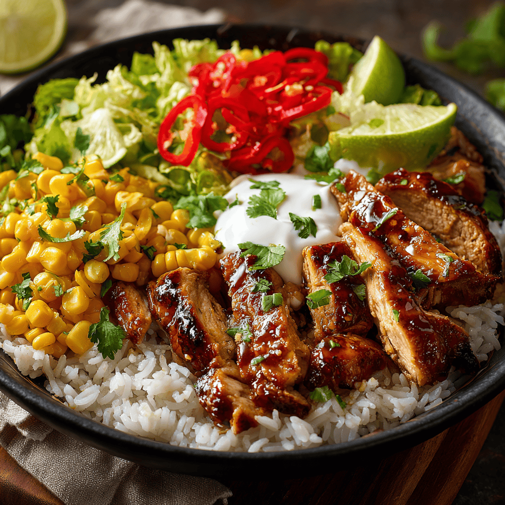 Close-up Honey Lime Chicken & Rice Bowl with glazed chicken, corn, rice, peppers, and lime wedges.
