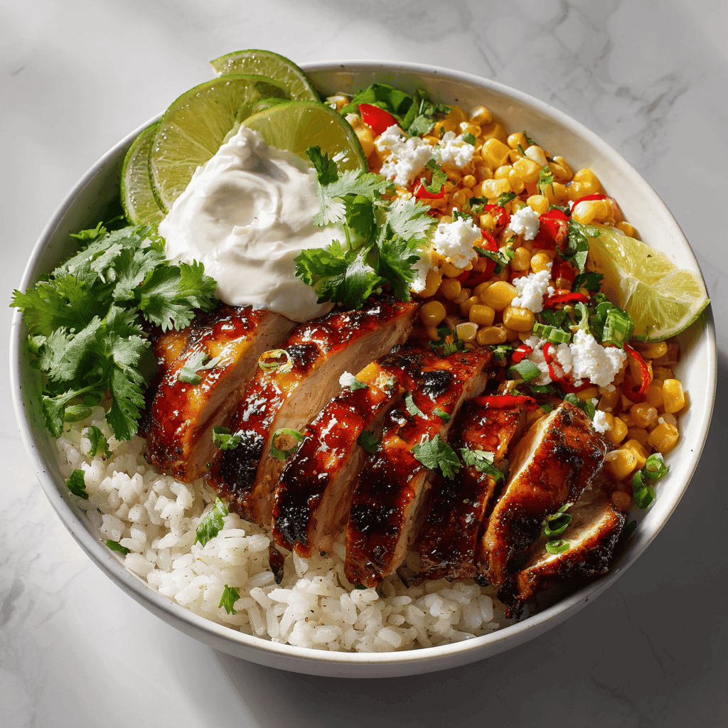 Honey Lime Chicken, rice, corn, peppers, and lime served neatly on a white plate.