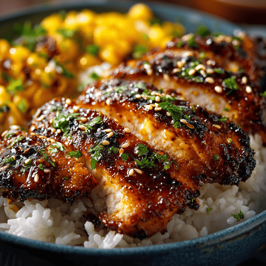 Macro close-up of honey-lime glazed chicken with cilantro over rice.