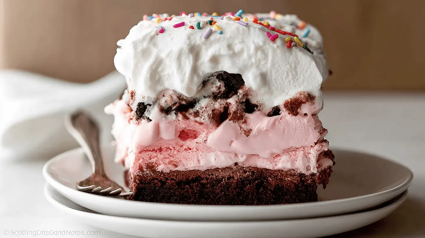 A delectable slice of multi-layered ice cream cake featuring a rich chocolate base, creamy pink ice cream, fluffy whipped cream, and colorful sprinkles.