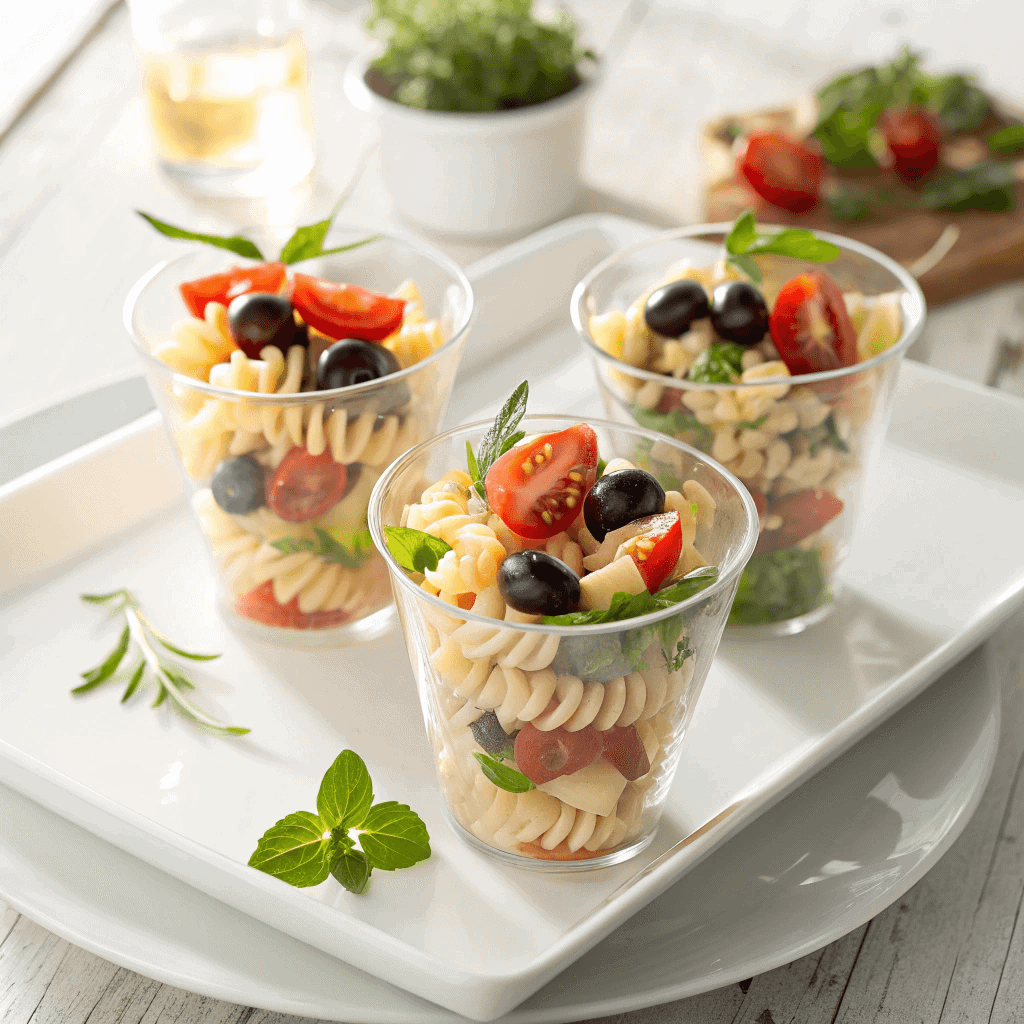 Pasta salad cups arranged neatly on a white plate with bright natural lighting and minimal background.