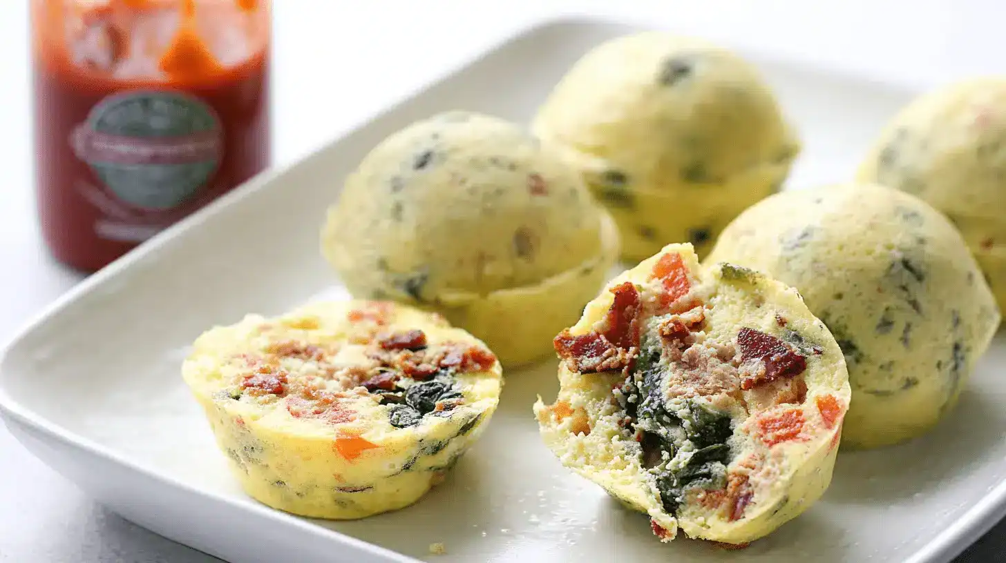 Savory Instant Pot Egg Bites with spinach, red peppers, and bacon bits on a white serving platter.