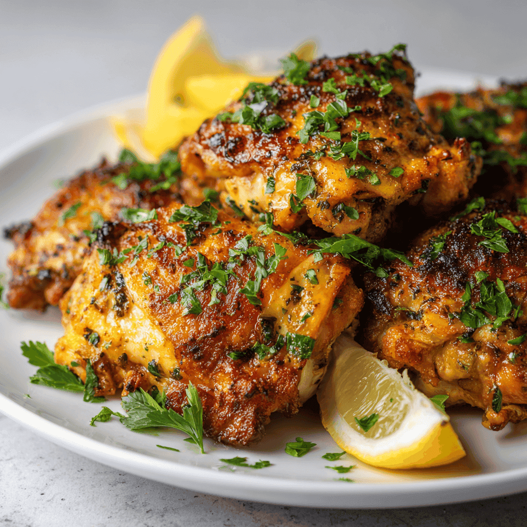 Crispy Air Fryer Chicken Thighs: Your Easy Weeknight Meal 2 Crispy golden air fryer chicken thighs served on a white plate with parsley and lemon wedge.