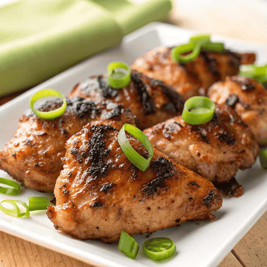 Authentic Grilled Vietnamese Chicken Recipe - A Must Try ! 2 Close-up of juicy grilled Vietnamese chicken thighs topped with sliced scallions on a white platter in natural lighting.