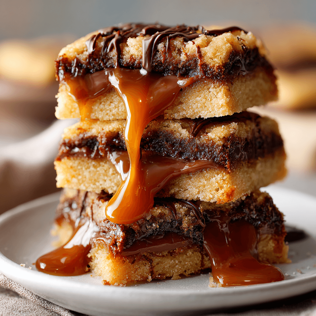 Close-up of stacked Knock You Naked Bars showing gooey caramel and melted chocolate layers between golden cookie dough on a white plate.