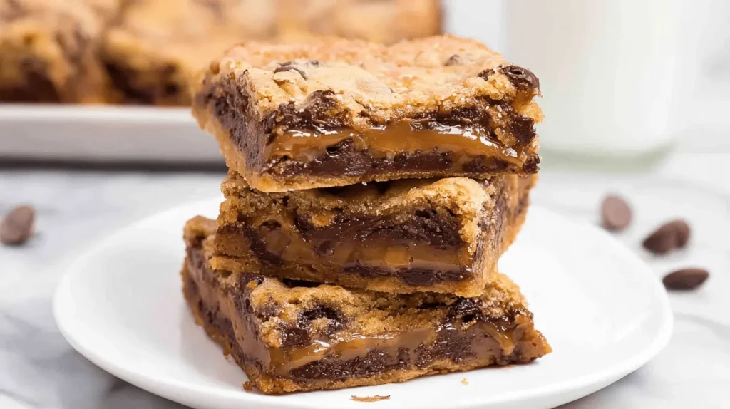 A stack of three decadent Knock You Naked Bars with visible layers of chocolate chip cookie, fudgy chocolate, and gooey caramel on a white plate.