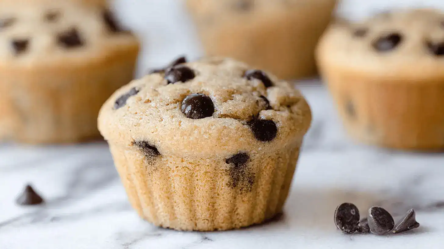 Appetizing chocolate chip muffins from a kodiak muffins recipe, arranged on a marble counter with scattered chocolate chips.
