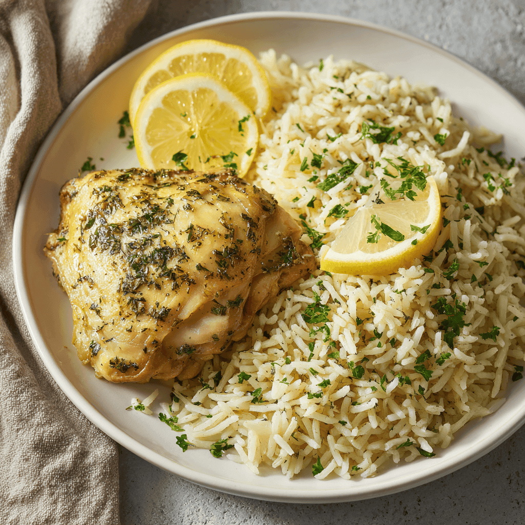Slow Cooker Lemon Herb Chicken and Rice: Easy Flavorful Dinner 2 Herb-seasoned chicken thigh served with lemon-infused rice on a clean white plate.