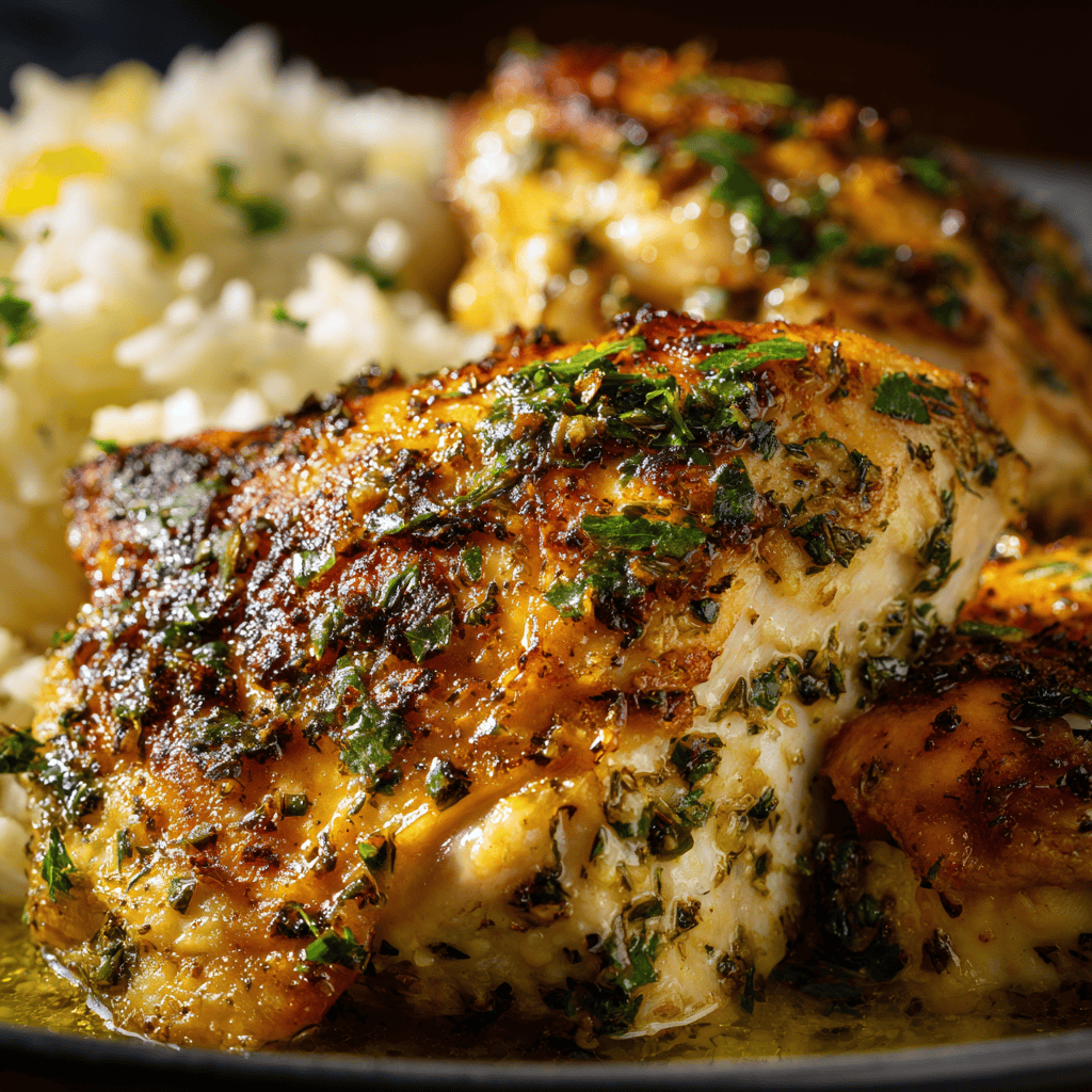 Slow Cooker Lemon Herb Chicken and Rice: Easy Flavorful Dinner 3 Macro close-up of golden lemon herb chicken with parsley and fluffy rice.