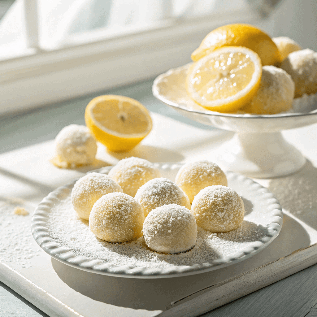 Lemon truffles dusted with powdered sugar on a dessert plate.