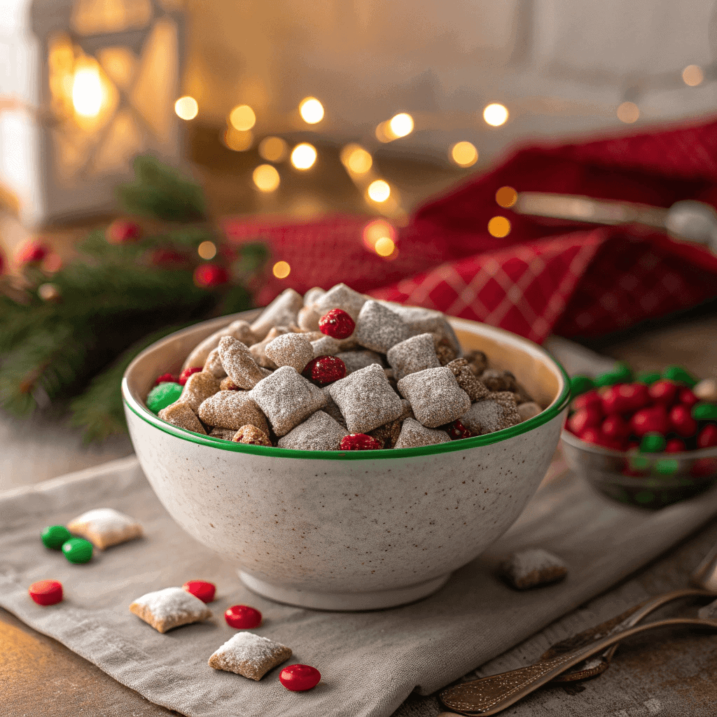 Festive Christmas Puppy Chow: The Ultimate Holiday Treat 3 Hand scooping Christmas Puppy Chow into a festive holiday bag.