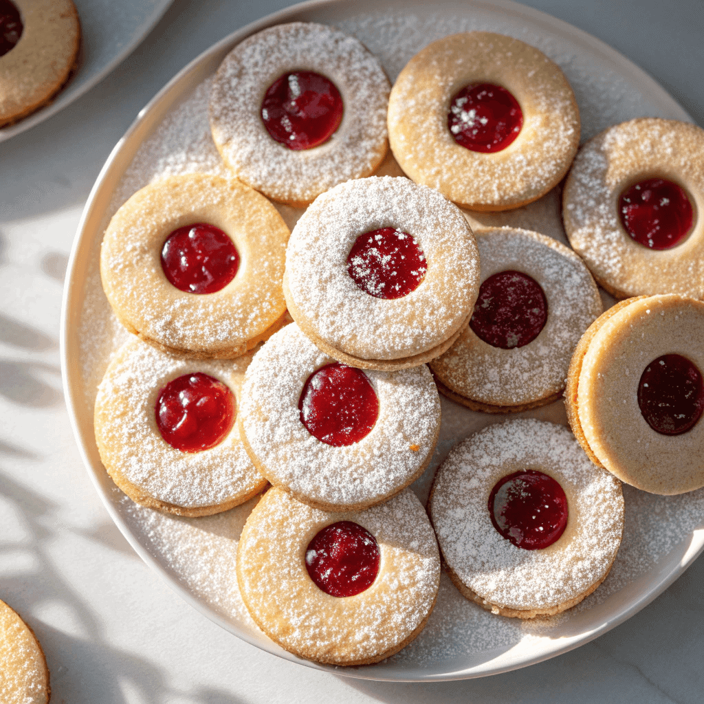 Close-up top-down shot of powdered Linzer cookies with red jam centers arranged neatly on a plate.