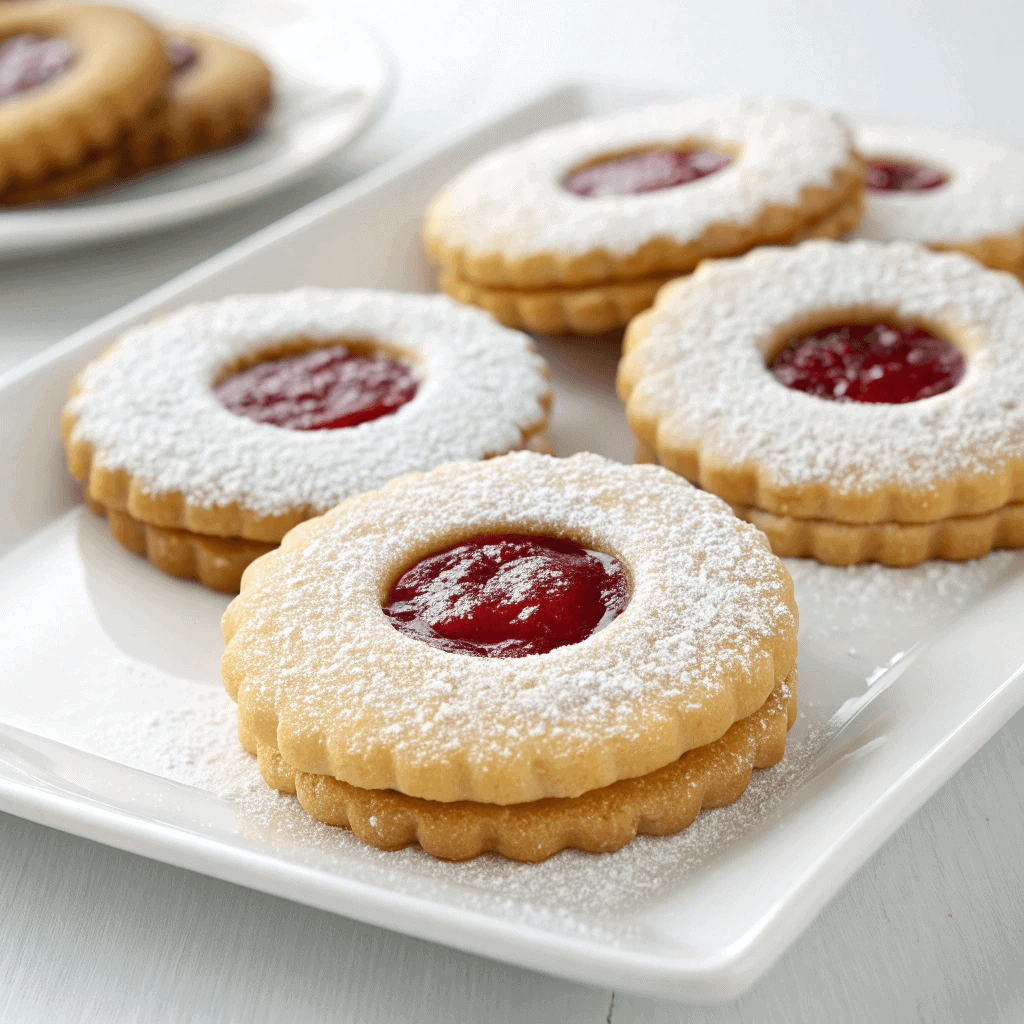 Linzer cookies with powdered sugar and red jam centers arranged on a clean white plate.