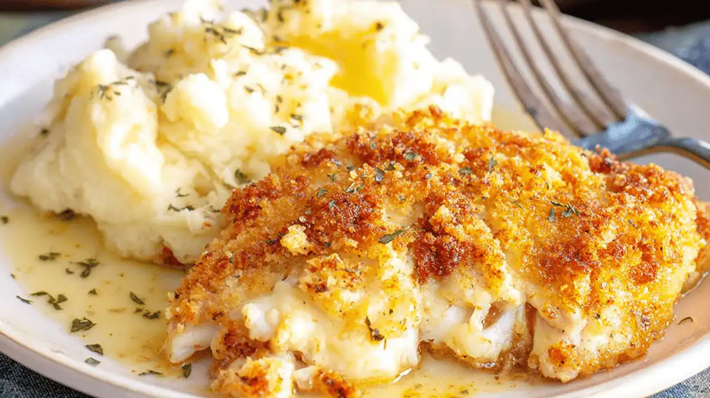 Copycat Longhorn Parmesan Crusted Chicken Recipe 3 A close-up of golden-brown longhorn parmesan crusted chicken served with mashed potatoes and a creamy herb sauce.