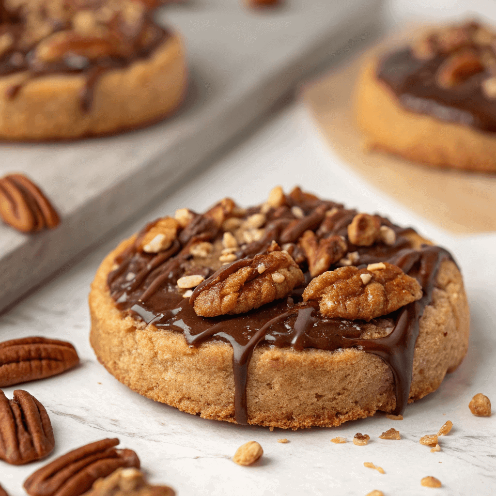 Delicious Pecan Pie Cookies: A Handheld Holiday Treat 3 Macro close-up of a single pecan pie cookie with caramel pecan filling.