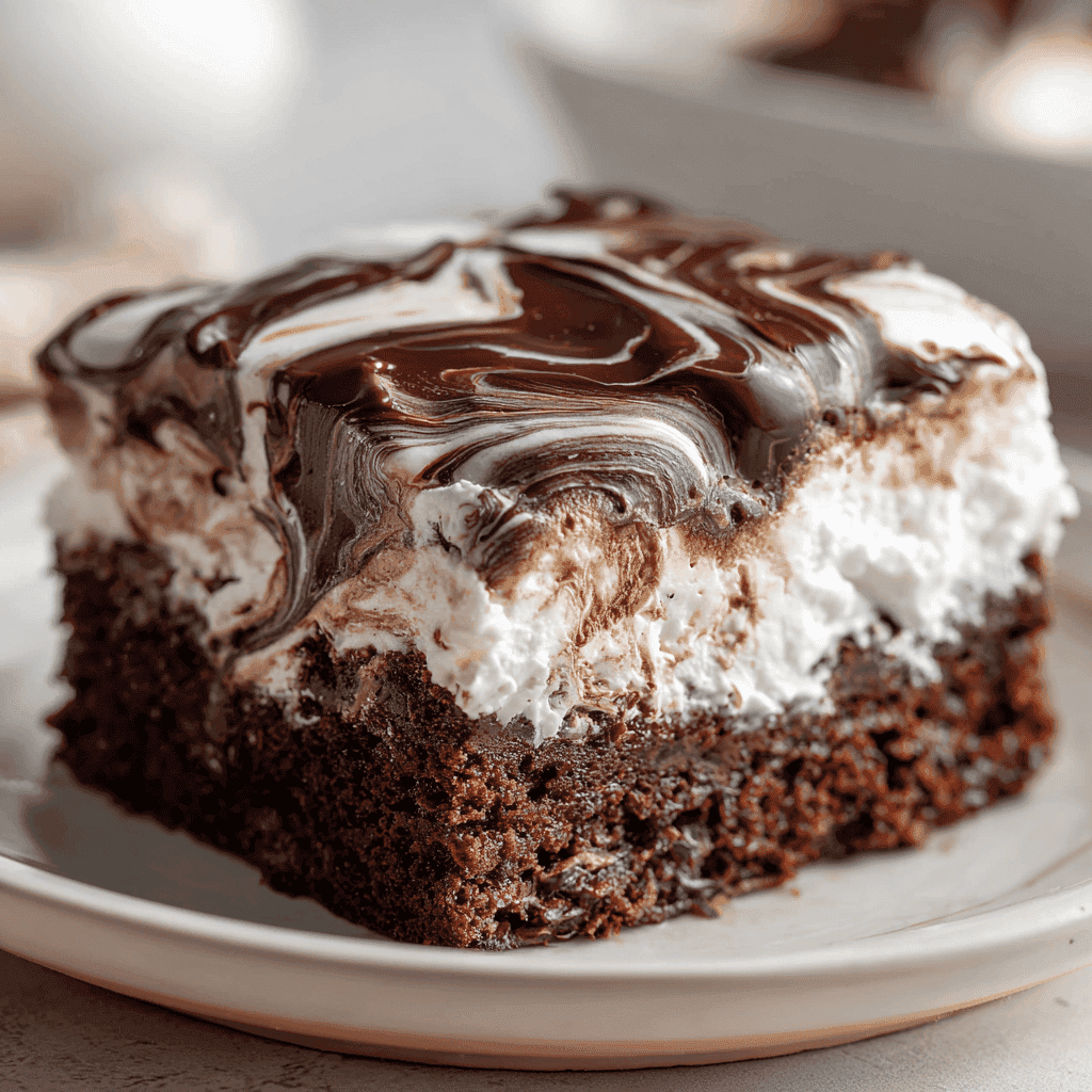 Close-up slice of marshmallow chocolate poke cake with chocolate pudding filling and swirled topping.