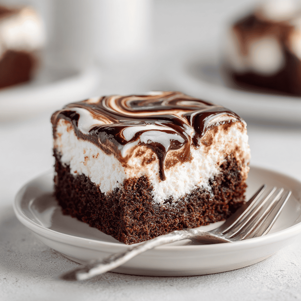 Slice of marshmallow chocolate poke cake on a white plate with chocolate swirled topping.