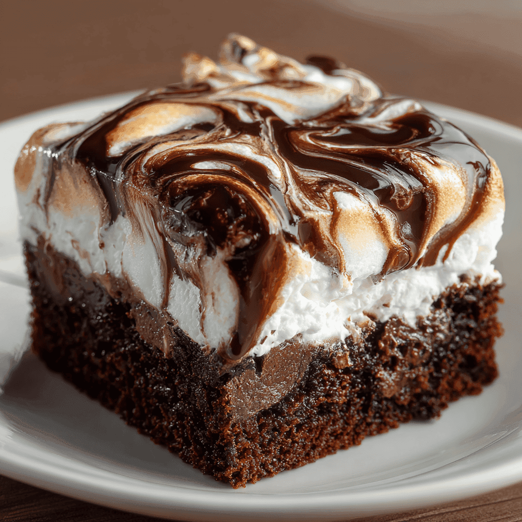 Perfectly set marshmallow chocolate poke cake with glossy chocolate filling and swirled topping.