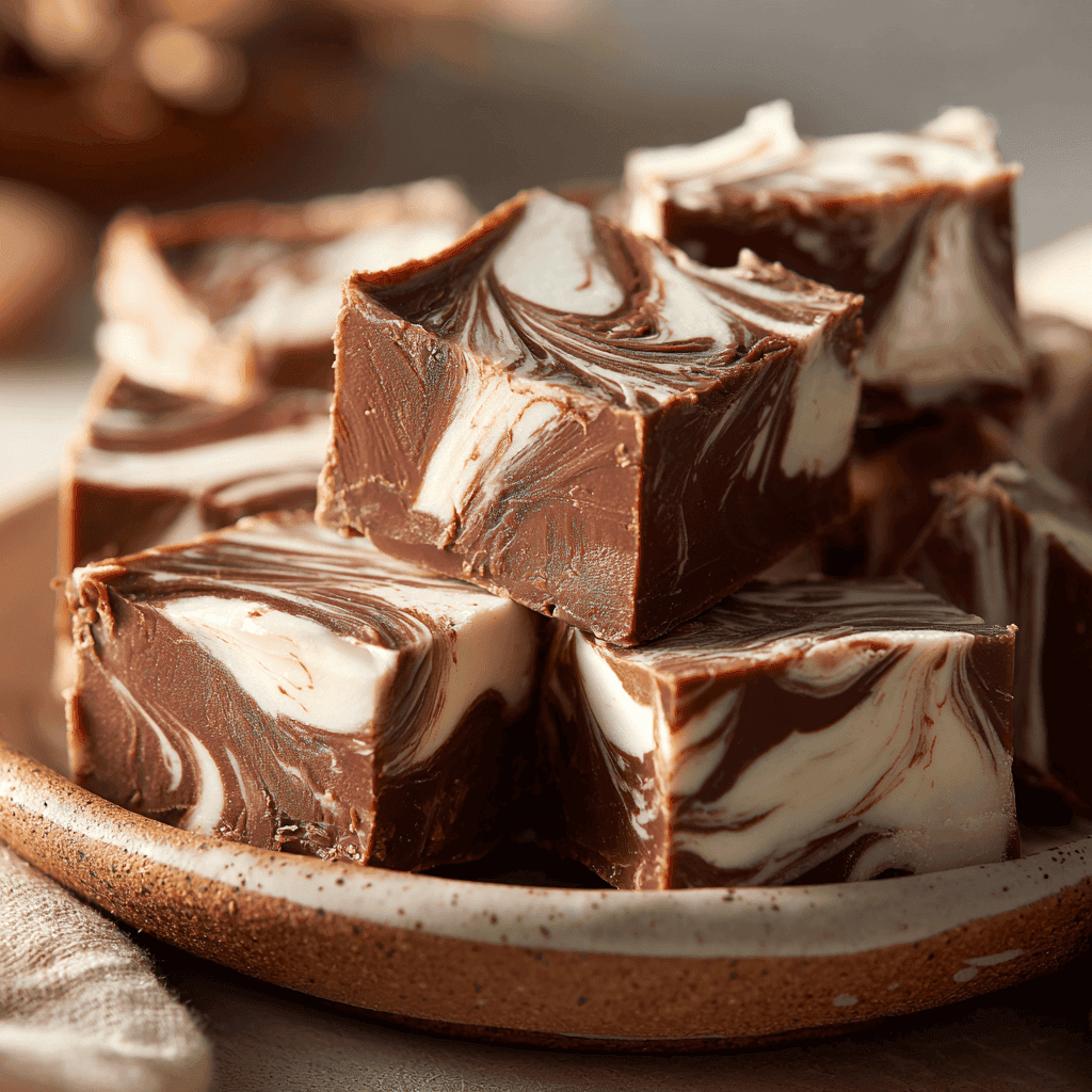 Close-up squares of chocolate Marshmallow Swirl Fudge on a rustic ceramic plate.