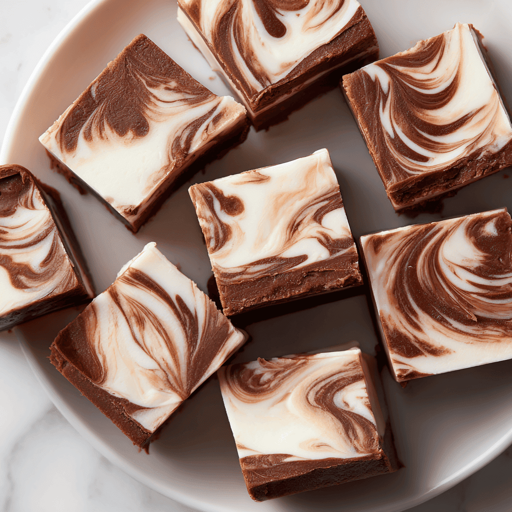 Marshmallow Swirl Fudge squares arranged on a white plate with bold chocolate and marshmallow swirls.