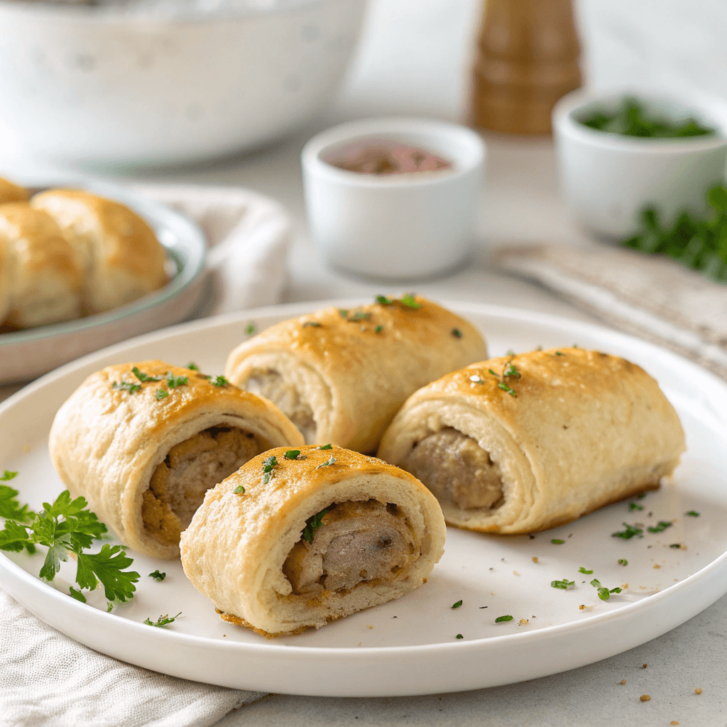 Sausage rolls on a plain white plate.