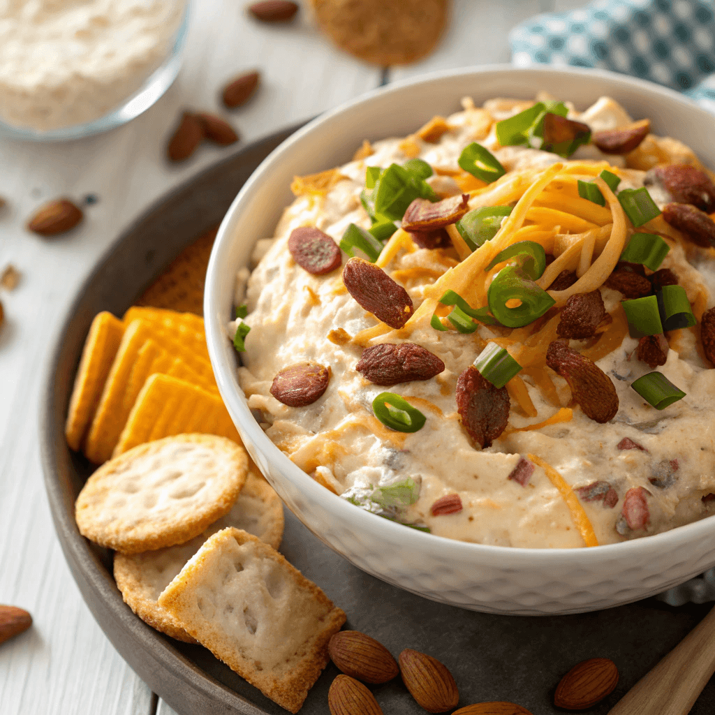 Close-up view of creamy Million Dollar Dip packed with bacon, cheese, and green onions.