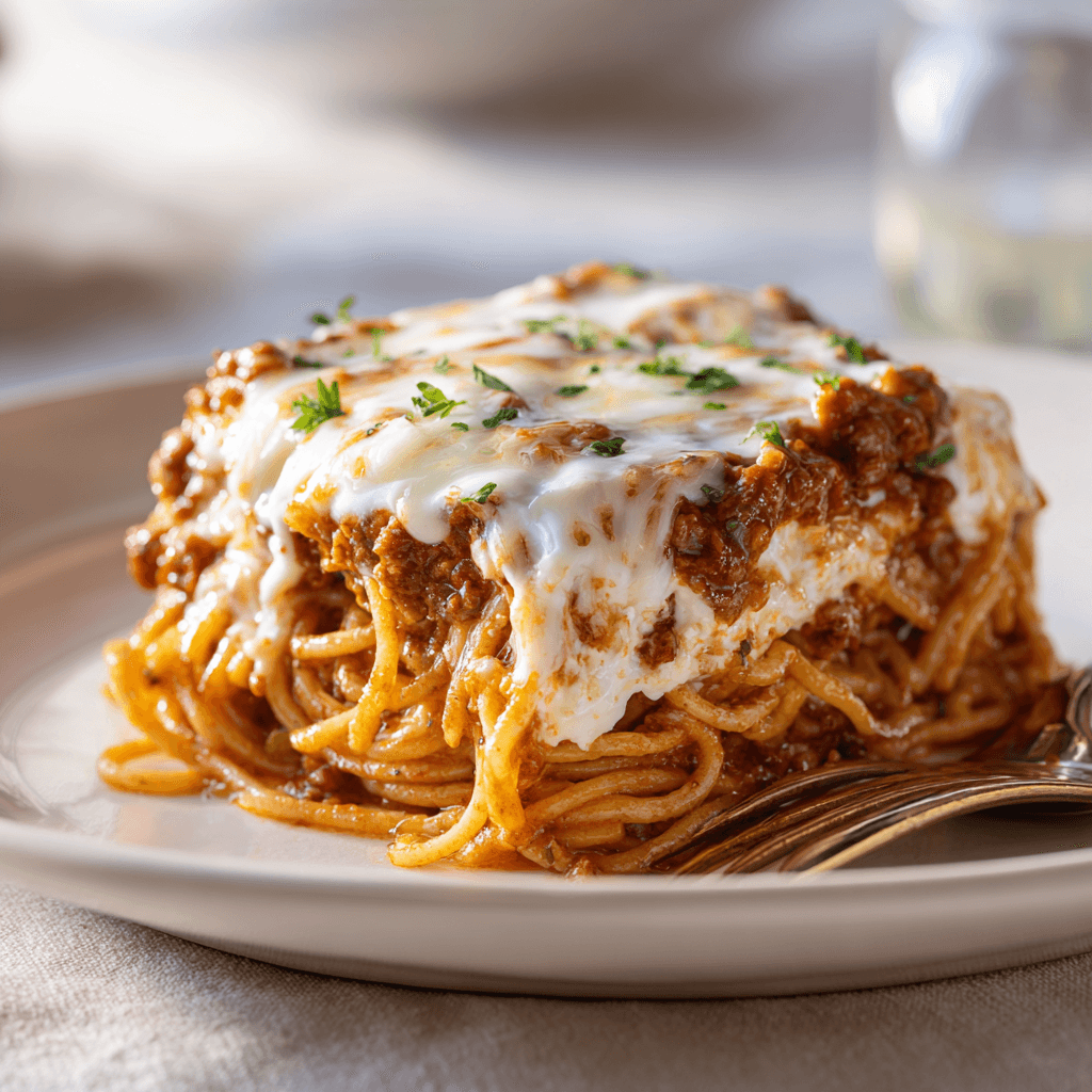 Baked chicken alfredo spaghetti casserole topped with melted cheese and parsley.