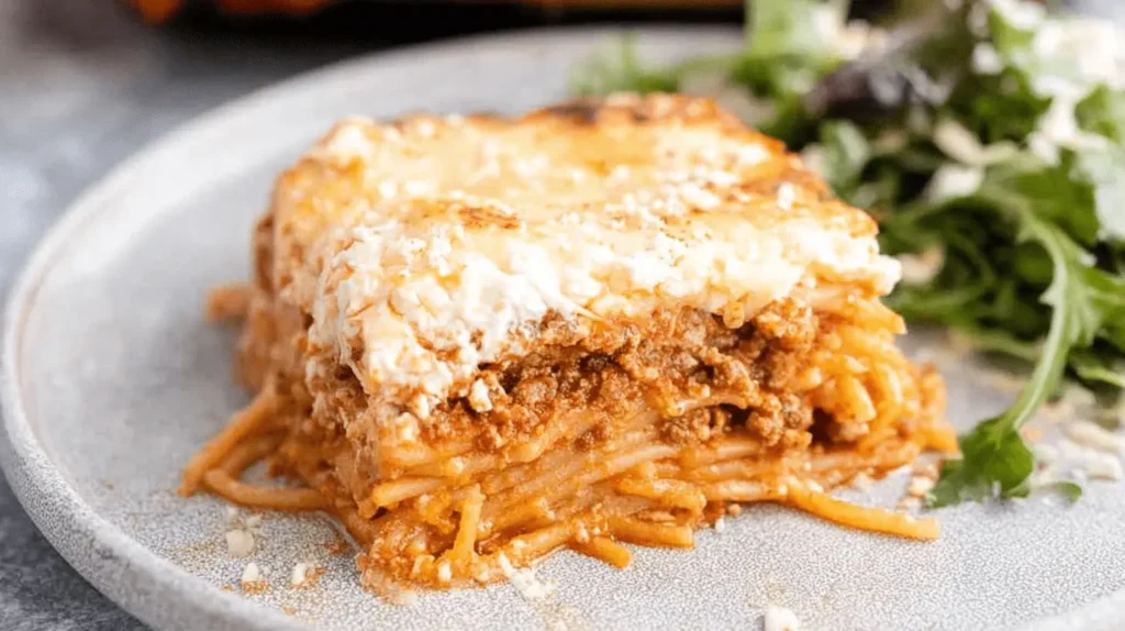 Close-up of a delicious slice of layered million dollar spaghetti, showing cheesy top, rich meat sauce, and baked pasta.