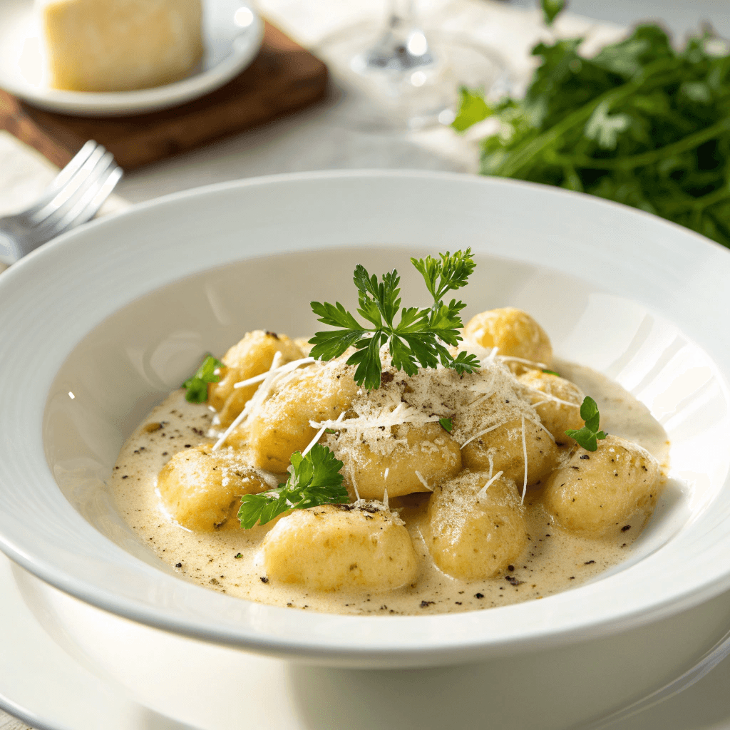 Millionaire Gnocchi with Creamy Sauce: An Indulgent & Easy Recipe 1 Creamy millionaire gnocchi served neatly in a white bowl with cheese, parsley, and pepper flakes.