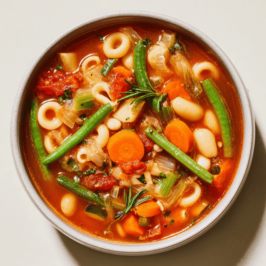 Close-up overhead view of Minestrone Soup with ditalini pasta, vegetables, and tomato broth.
