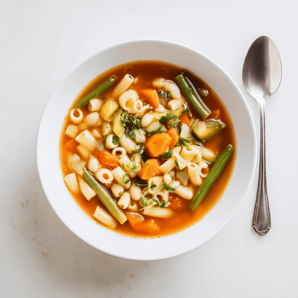 Minestrone Soup served in a white bowl featuring pasta, vegetables, and tomato broth.