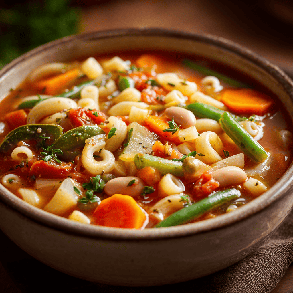 Bowl of Minestrone Soup showing pasta, vegetables, beans, and tomato broth in bright detail.