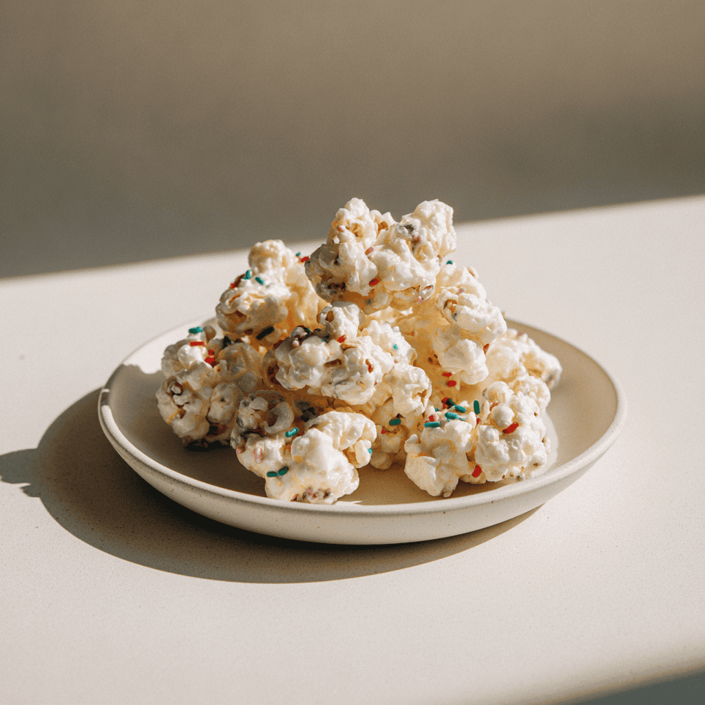 Almond bark puffcorn crack on a white plate with bright, clean lighting and simple styling.