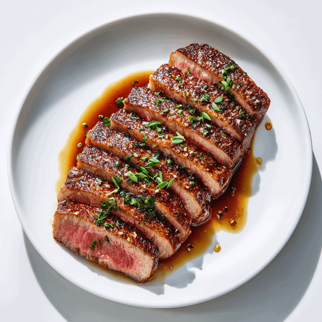 Sirloin Steak Slices on White Plate – Minimal Clean Food Blog Style