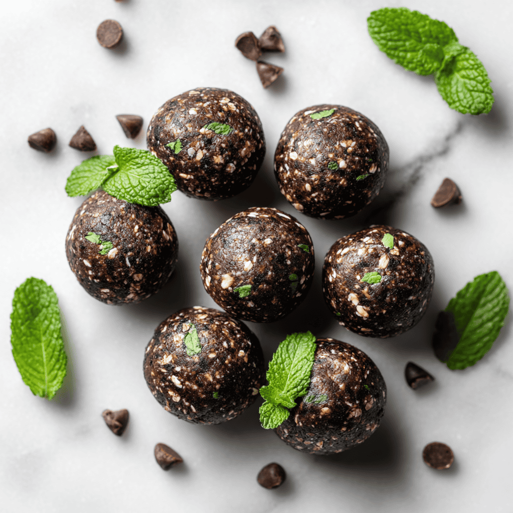 Mint Chocolate Chip Protein Balls: Easy No-Bake Recipe 4 Overhead view of Mint Chocolate Chip Protein Balls on white marble with chocolate chips and mint leaves.