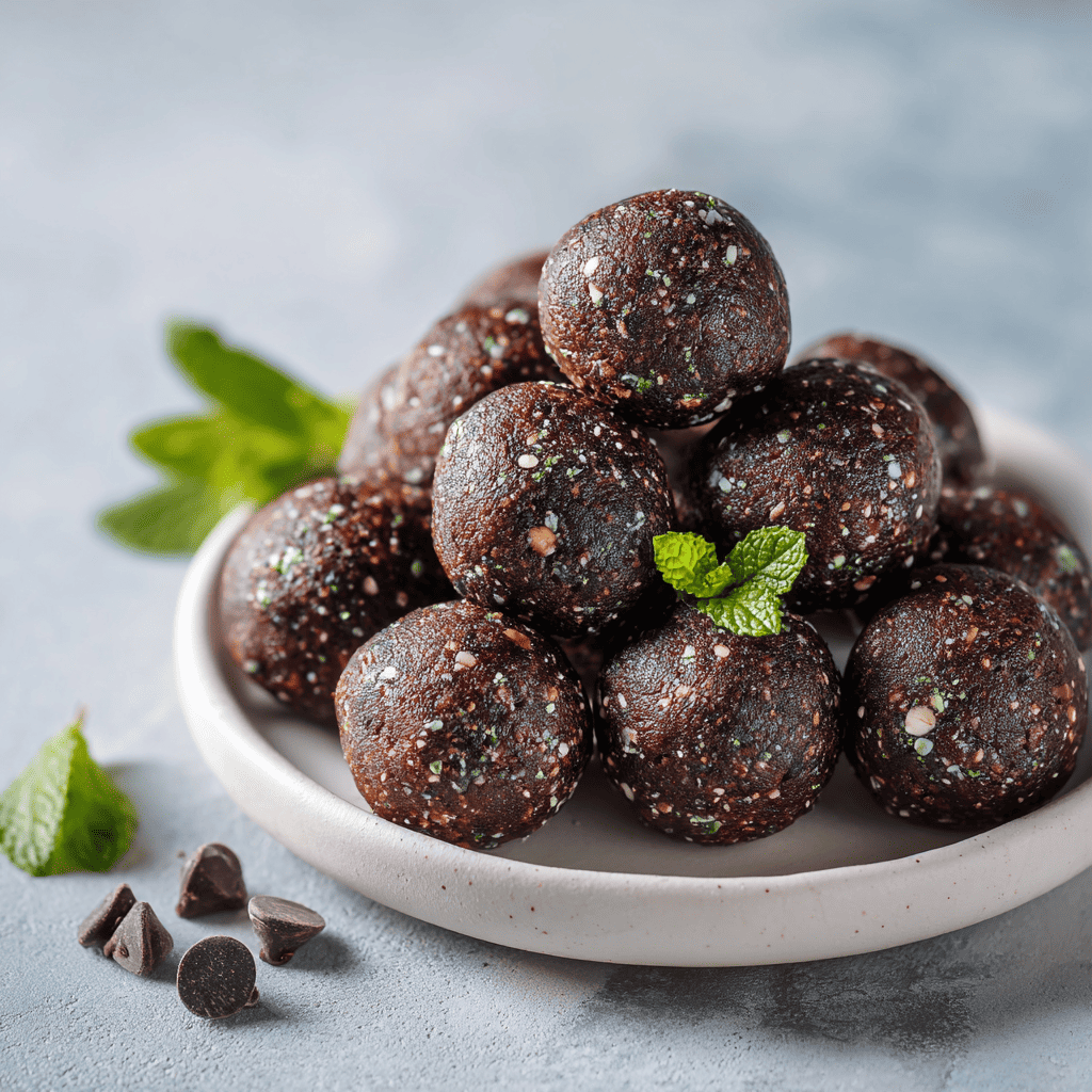 Mint Chocolate Chip Protein Balls: Easy No-Bake Recipe 2 Mint Chocolate Chip Protein Balls arranged on a white plate with mint and chocolate chips.