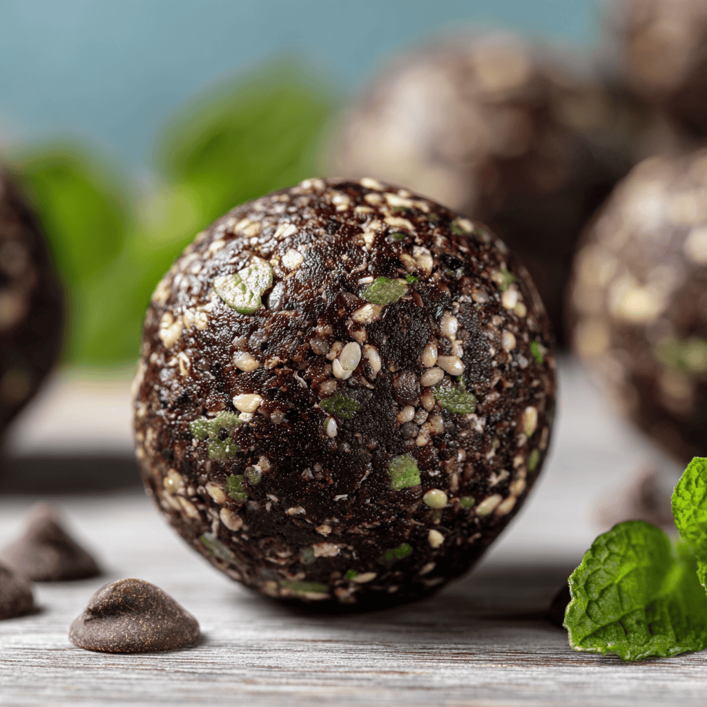 Mint Chocolate Chip Protein Balls: Easy No-Bake Recipe 3 Macro close-up of a Mint Chocolate Chip Protein Ball showing mint flecks and chocolate texture.