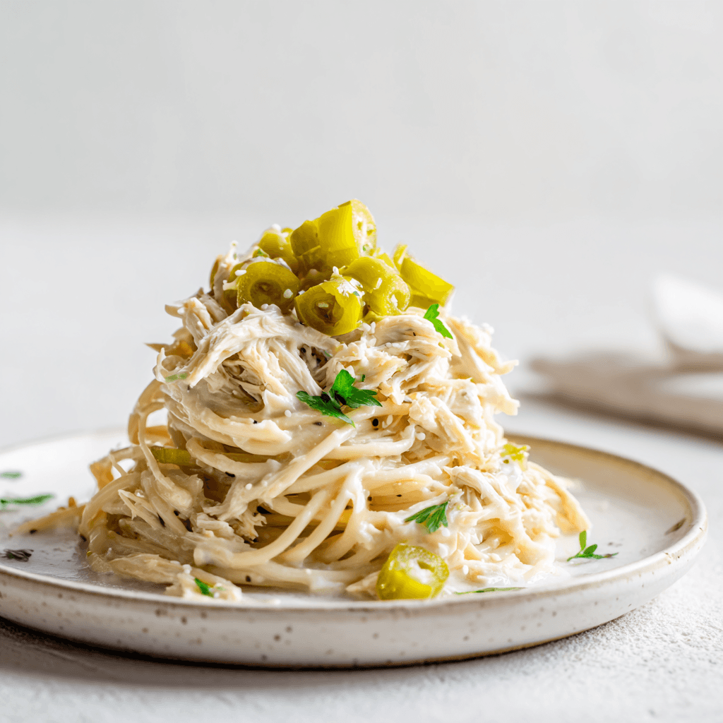Creamy Mississippi chicken spaghetti with pepperoncini and chicken on a clean neutral background.