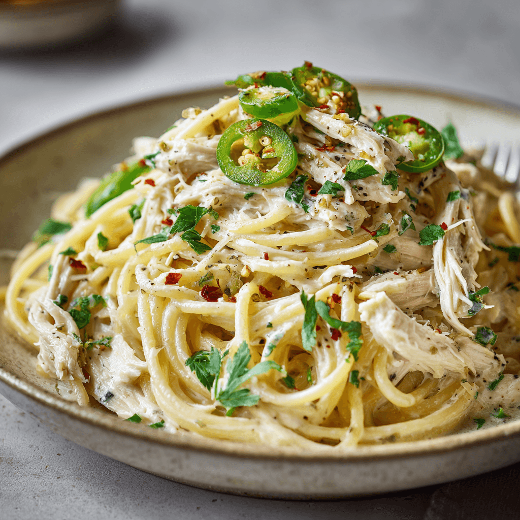 Creamy Mississippi chicken spaghetti with ranch sauce and pepperoncini peppers