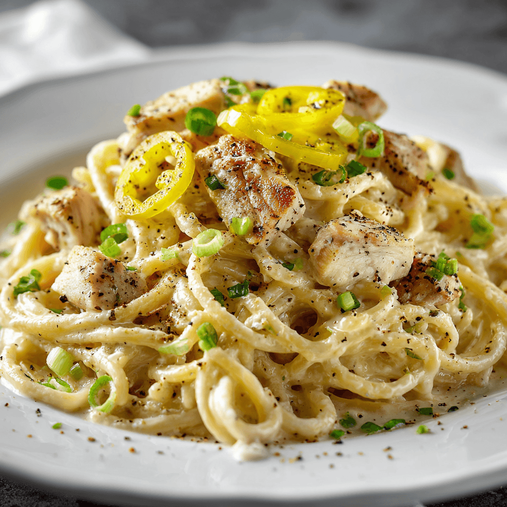 Creamy Mississippi chicken spaghetti with green onions and pepperoncini served on a white plate.