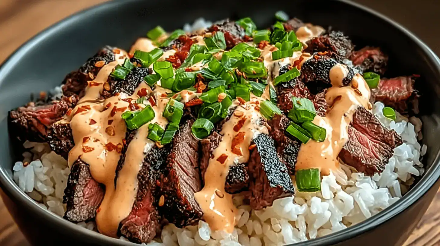 Close-up top-down view of flavorful Korean BBQ Steak Rice Bowls with Spicy Cream Sauce, garnished with fresh green onions and red pepper flakes.
