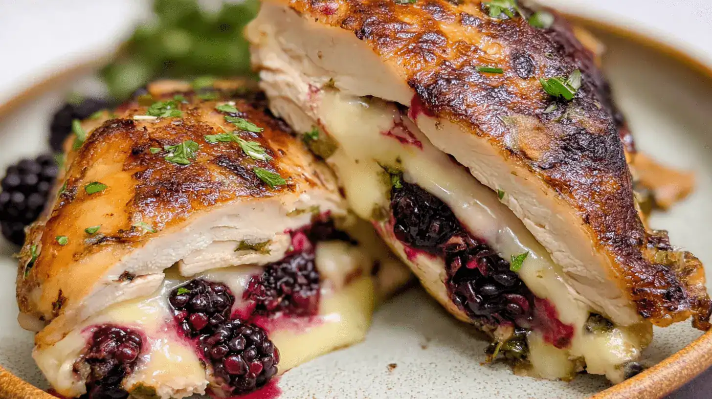 Close-up of perfectly cooked Melty Blackberry Jalapeno Stuffed Chicken breasts, cut open to show the gooey cheese and dark berries.