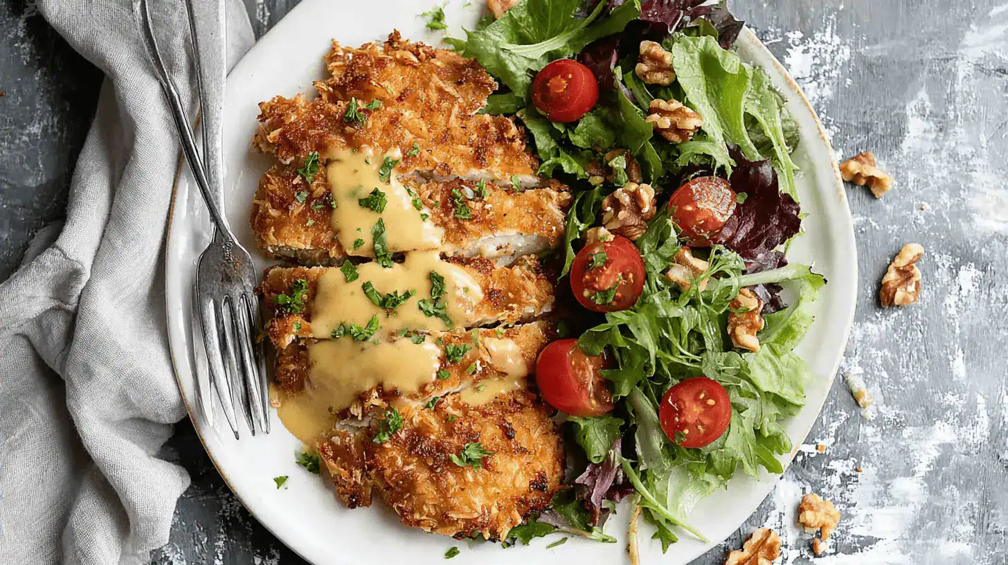 Overhead view of crispy Pretzel Chicken with Mustard Cheddar Sauce, perfectly plated with a fresh mixed green salad.