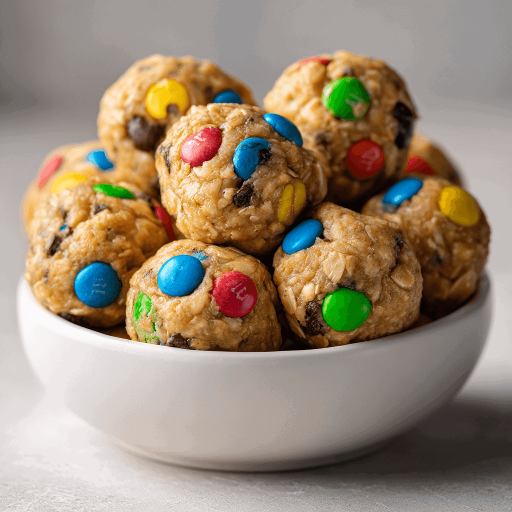 Close-up bowl of monster cookie energy balls filled with M&Ms, chocolate chips, oats, and peanut butter.