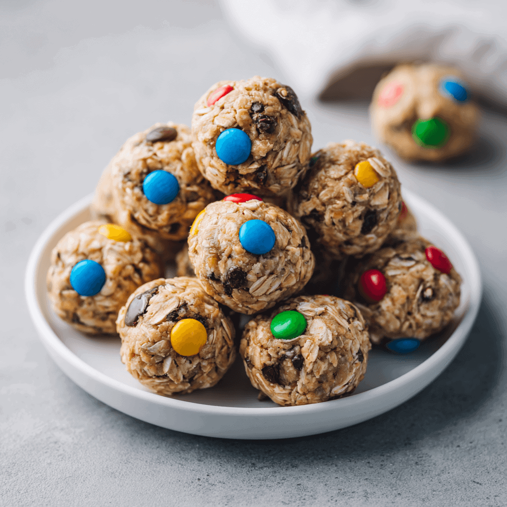 Monster cookie energy balls arranged on a white plate showing oats, M&Ms, and chocolate chips.