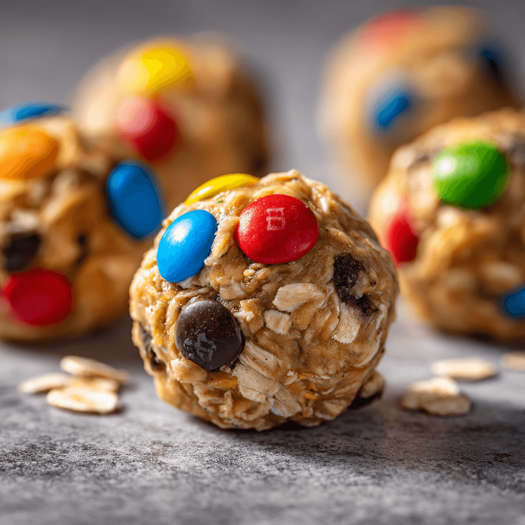 Close-up of monster cookie energy balls highlighting creamy peanut butter texture and colorful M&Ms.