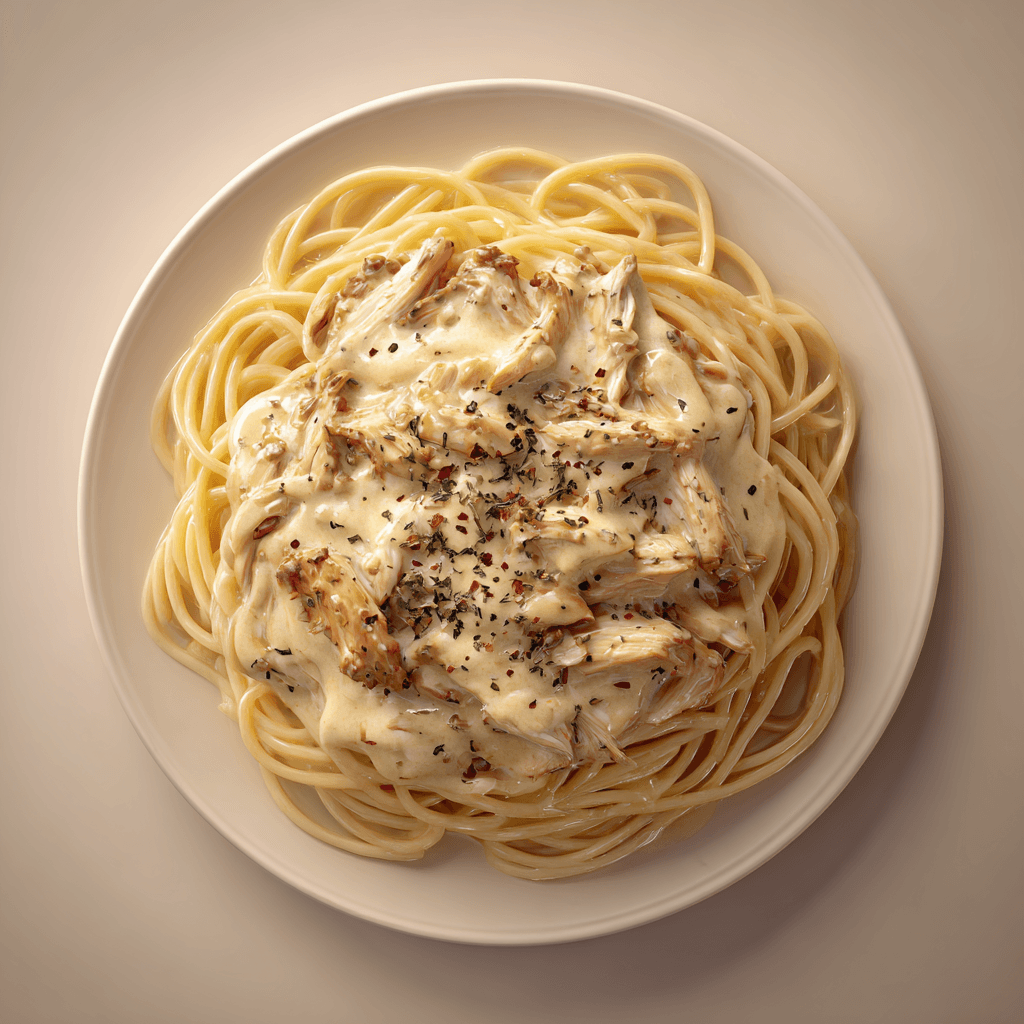 Creamy Monterey chicken spaghetti topped with melted cheese on a simple plate.