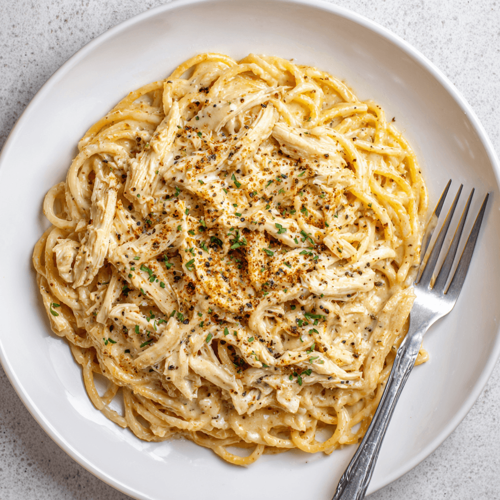 Monterey chicken spaghetti with creamy cheese sauce and herbs on white plate