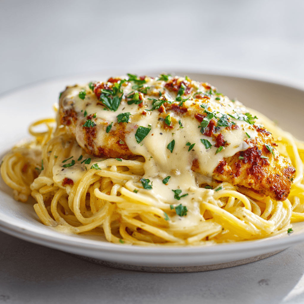 Monterey chicken spaghetti with creamy cheese sauce and herbs served on a white plate.